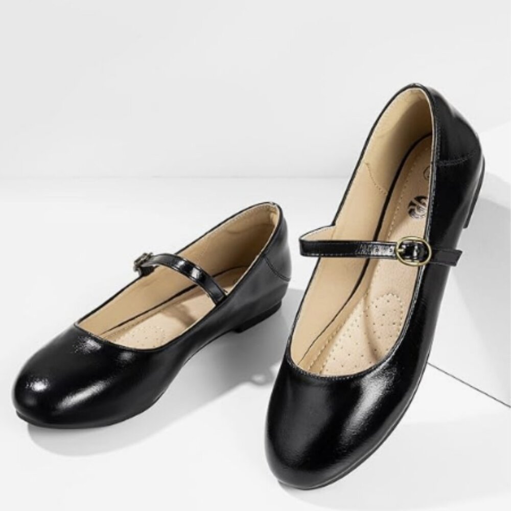 Rekayla Women's Mary Jane Round Toe Ballet Flats Black Faux Leather Size 7 NWB